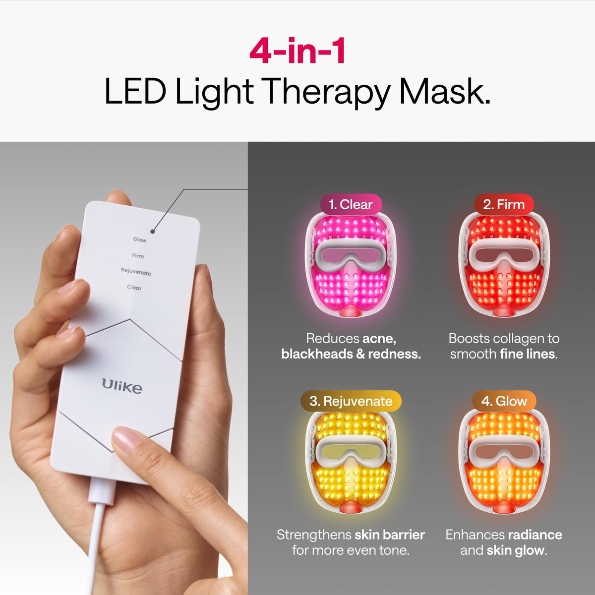 Ulike ReGlow LED Face Mask showing different light modes