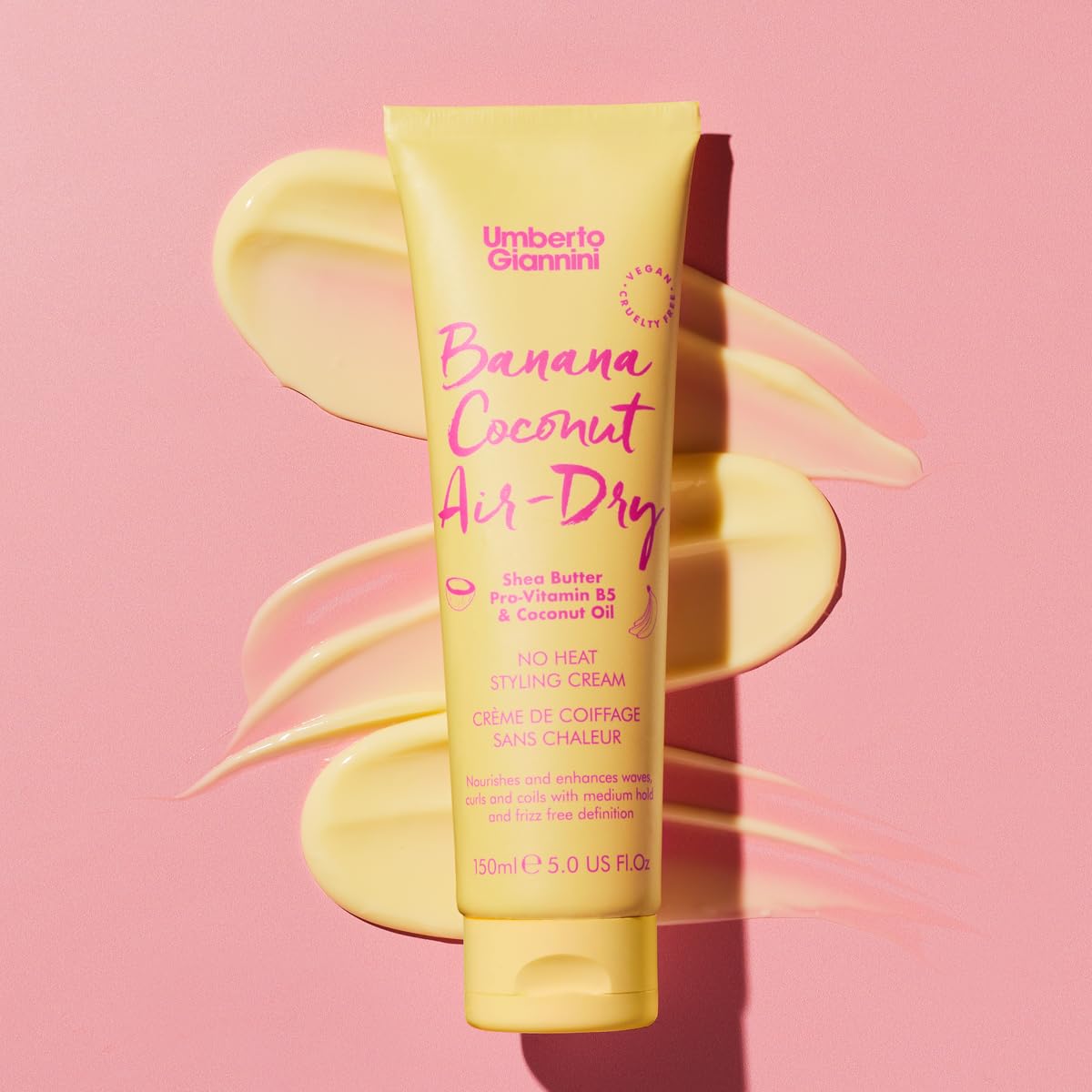 Umberto Giannini styling products on a bathroom shelf