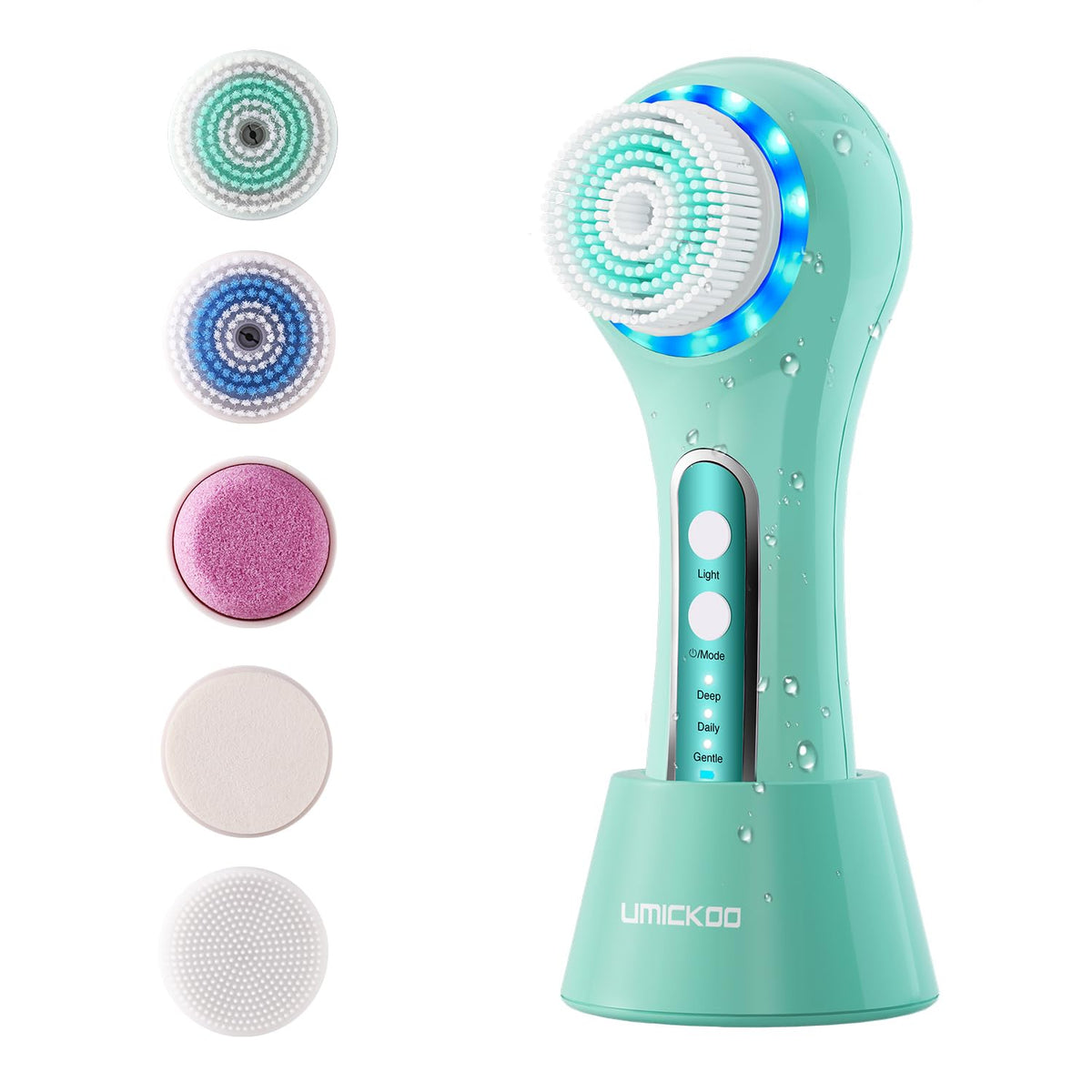 Umickoo Electric Facial Cleansing Brush front view with 5 brush heads