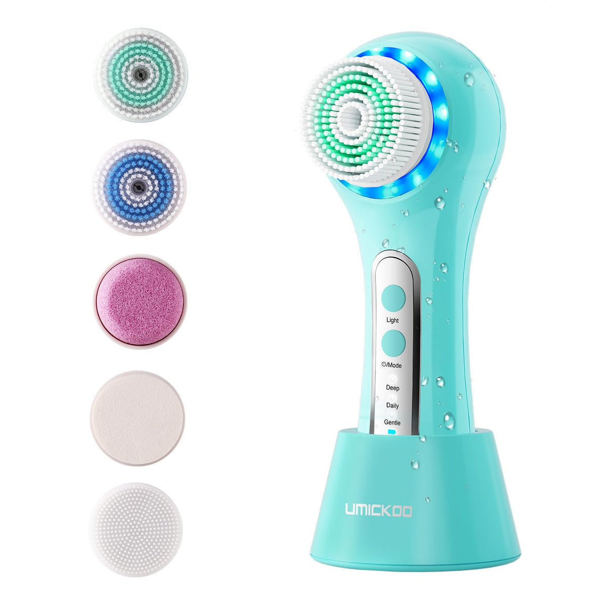 Umickoo Electric Facial Cleansing Brush front view with 5 brush heads