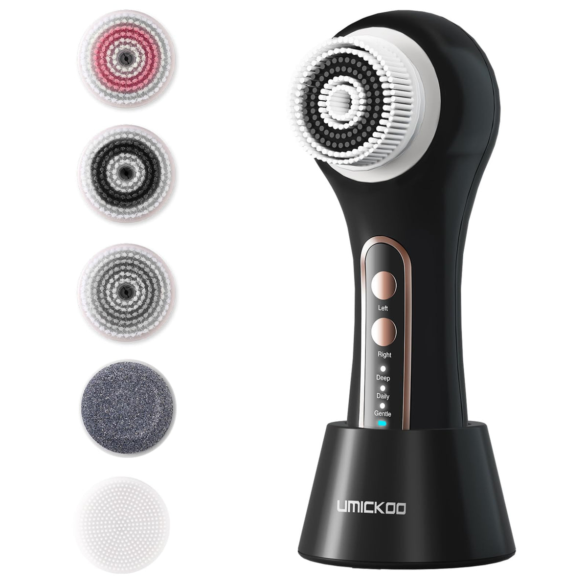 Umickoo Rechargeable Rotating Face Scrubber front view with brush heads