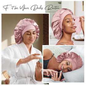 Umisleep Silk Lined Bonnet worn by a woman at bedtime