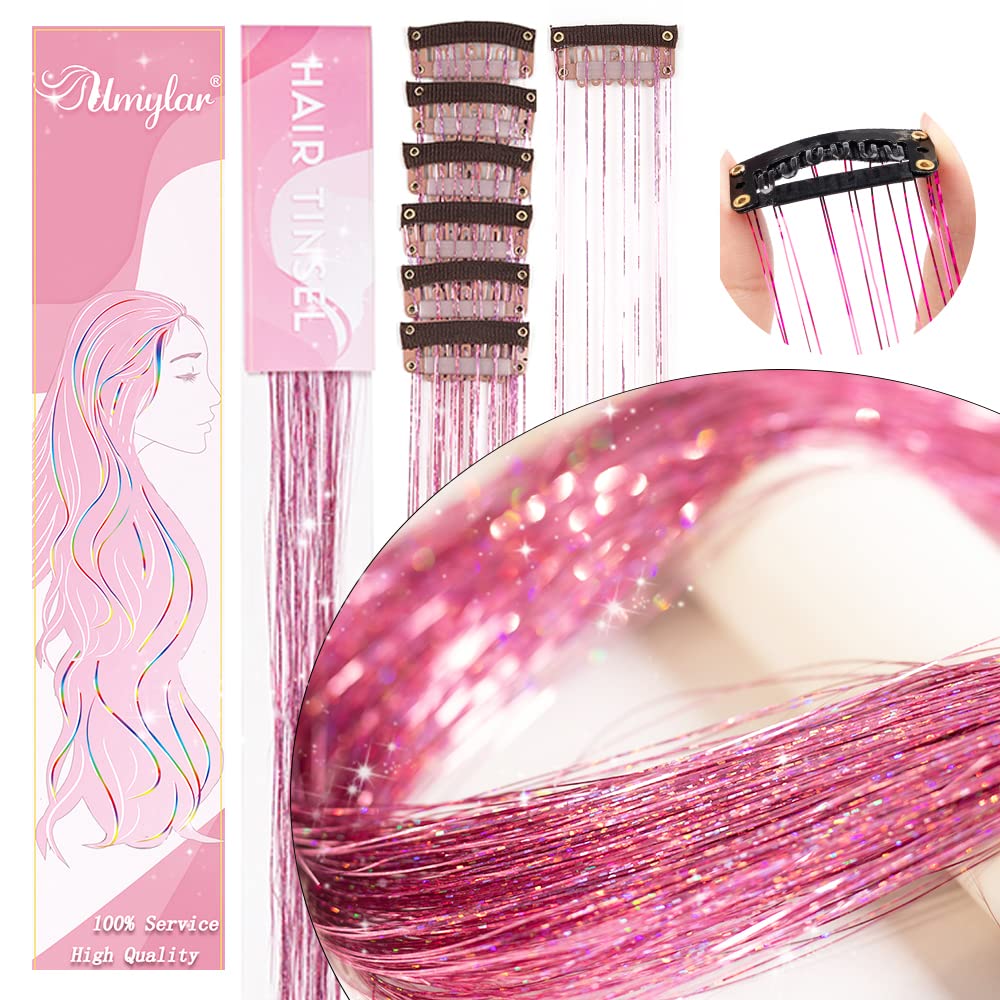 Umylar Pink Hair Tinsel 20 inch clip-in extensions close-up