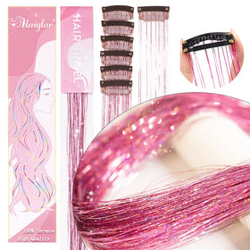 Umylar Pink Hair Tinsel 20 inch clip-in extensions close-up