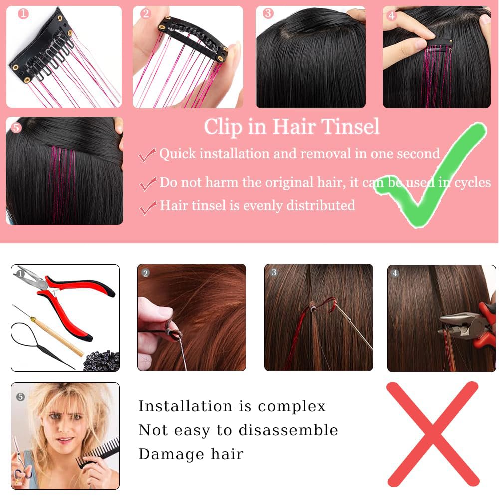 Umylar Pink Hair Tinsel installation example on hair