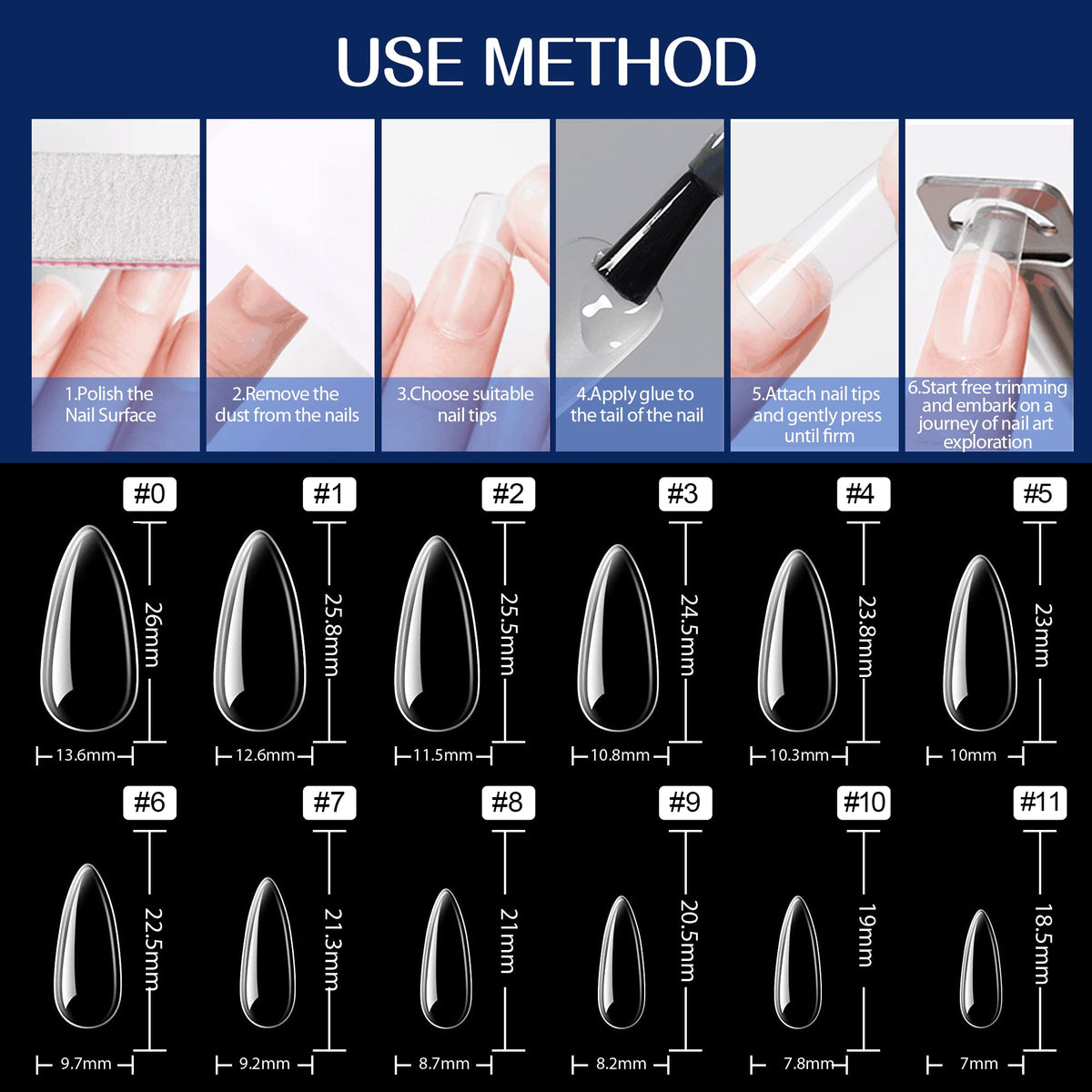 UNA GELLA Almond Gel Nail Tips showing various nail shapes
