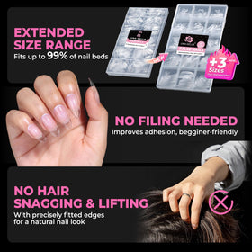 UNA GELLA Almond Nail Tips displayed on a manicure table