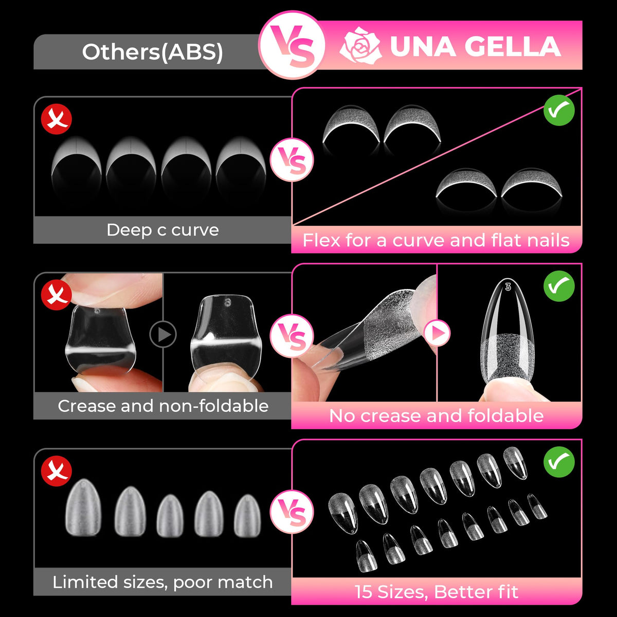 UNA GELLA almond nail tips on a nail art display