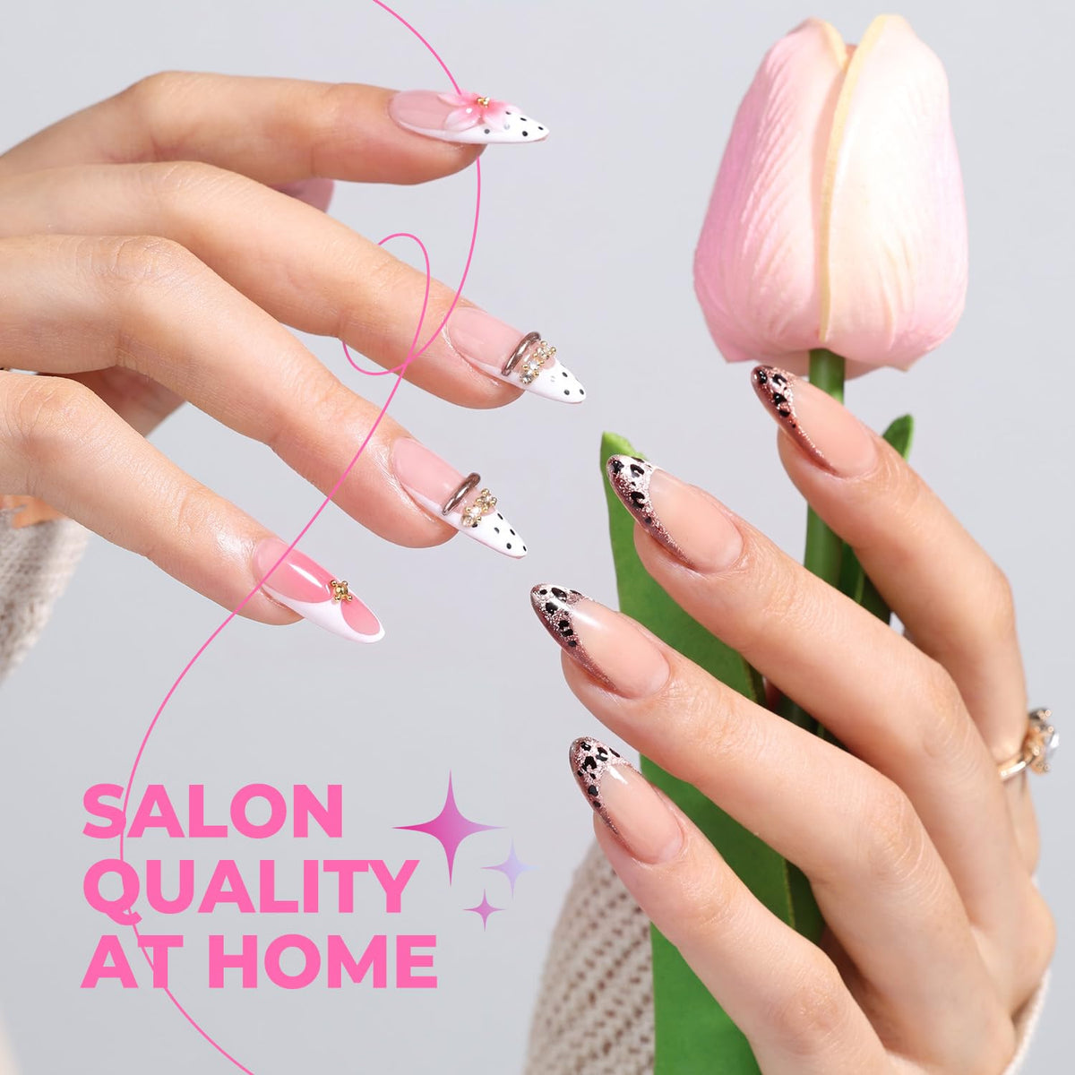 UNA GELLA Almond Nail Tips showing various sizes in the kit