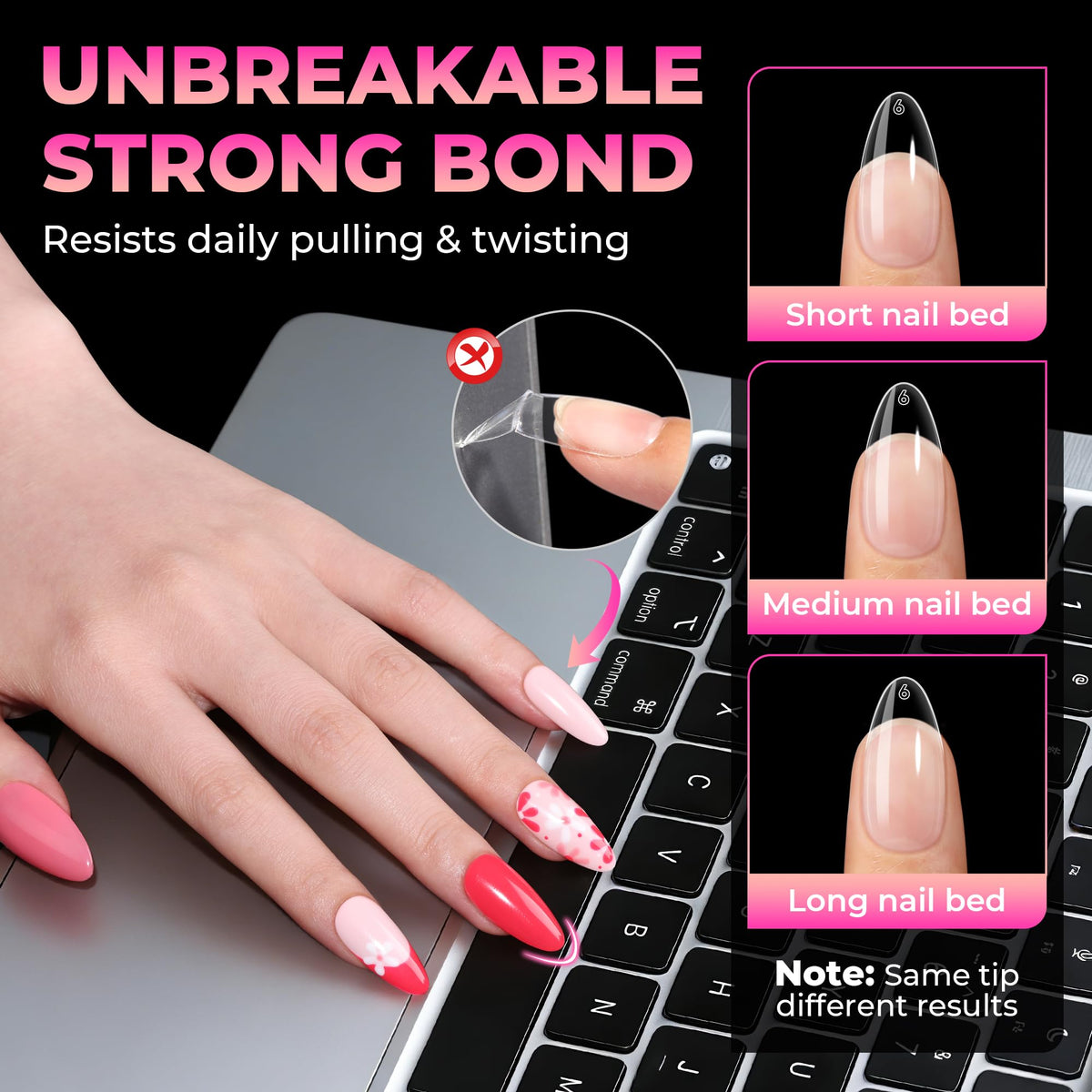 UNA GELLA almond nail tips with gel polish application