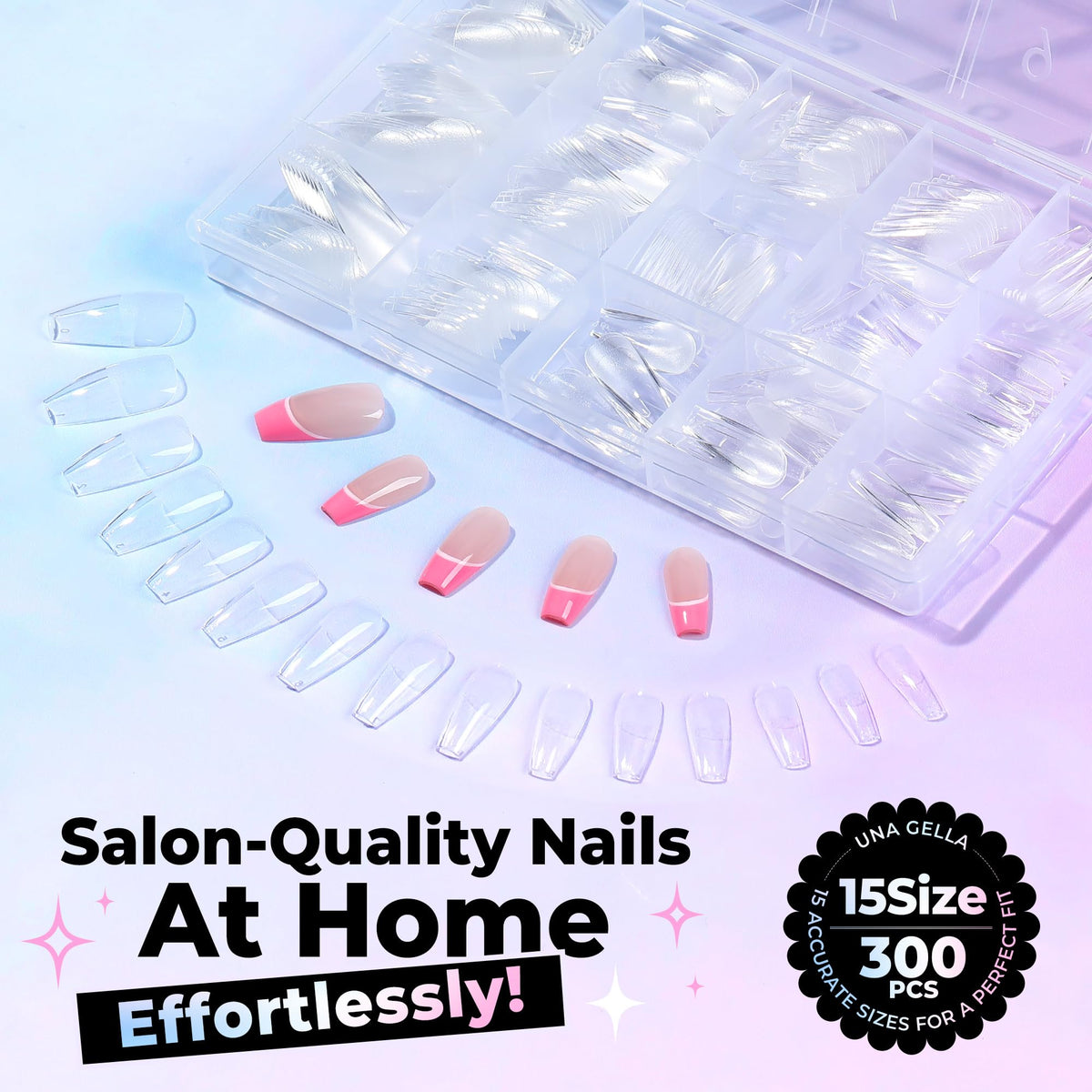 UNA GELLA Coffin Gel Nail Tips on a nail display