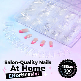 UNA GELLA Coffin Gel Nail Tips on a nail display