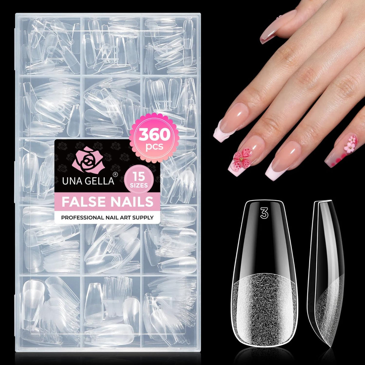 UNA GELLA Coffin Nail Tips 15 Sizes 360Pcs front view