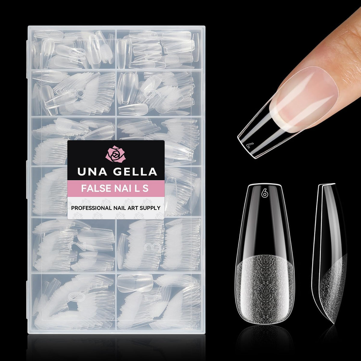 UNA GELLA coffin nail tips 504pcs front view in sturdy case