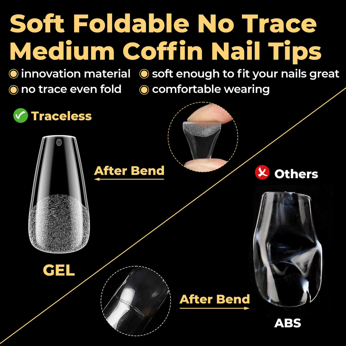 UNA GELLA coffin nail tips displayed with nail polish