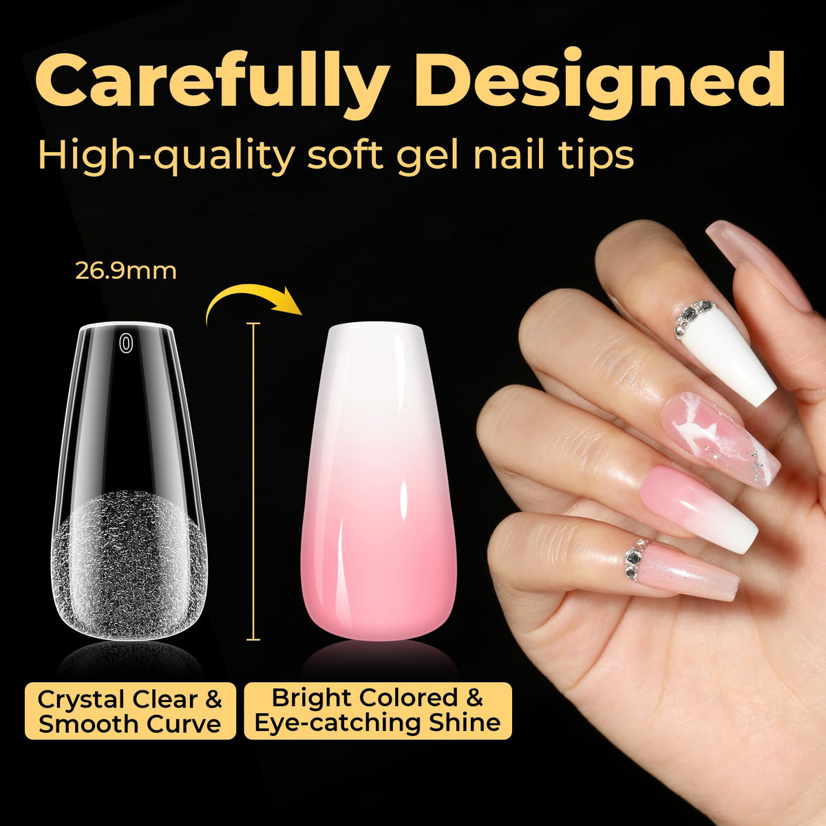 UNA GELLA coffin nail tips showing different angles