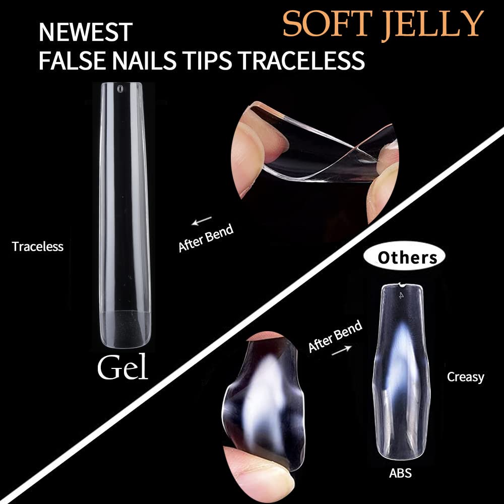 UNA GELLA Extra Long Square Gel Nail Tips displayed on a nail art table