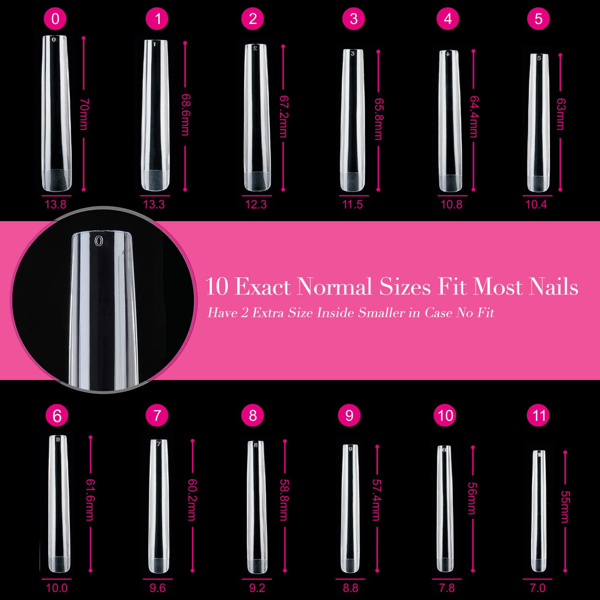 UNA GELLA Extra Long Square Gel Nail Tips in various sizes laid out