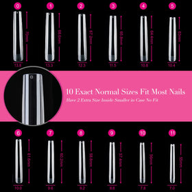UNA GELLA Extra Long Square Gel Nail Tips in various sizes laid out