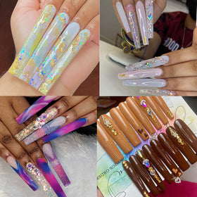 UNA GELLA Extra Long Square Gel Nail Tips with nail polish and accessories