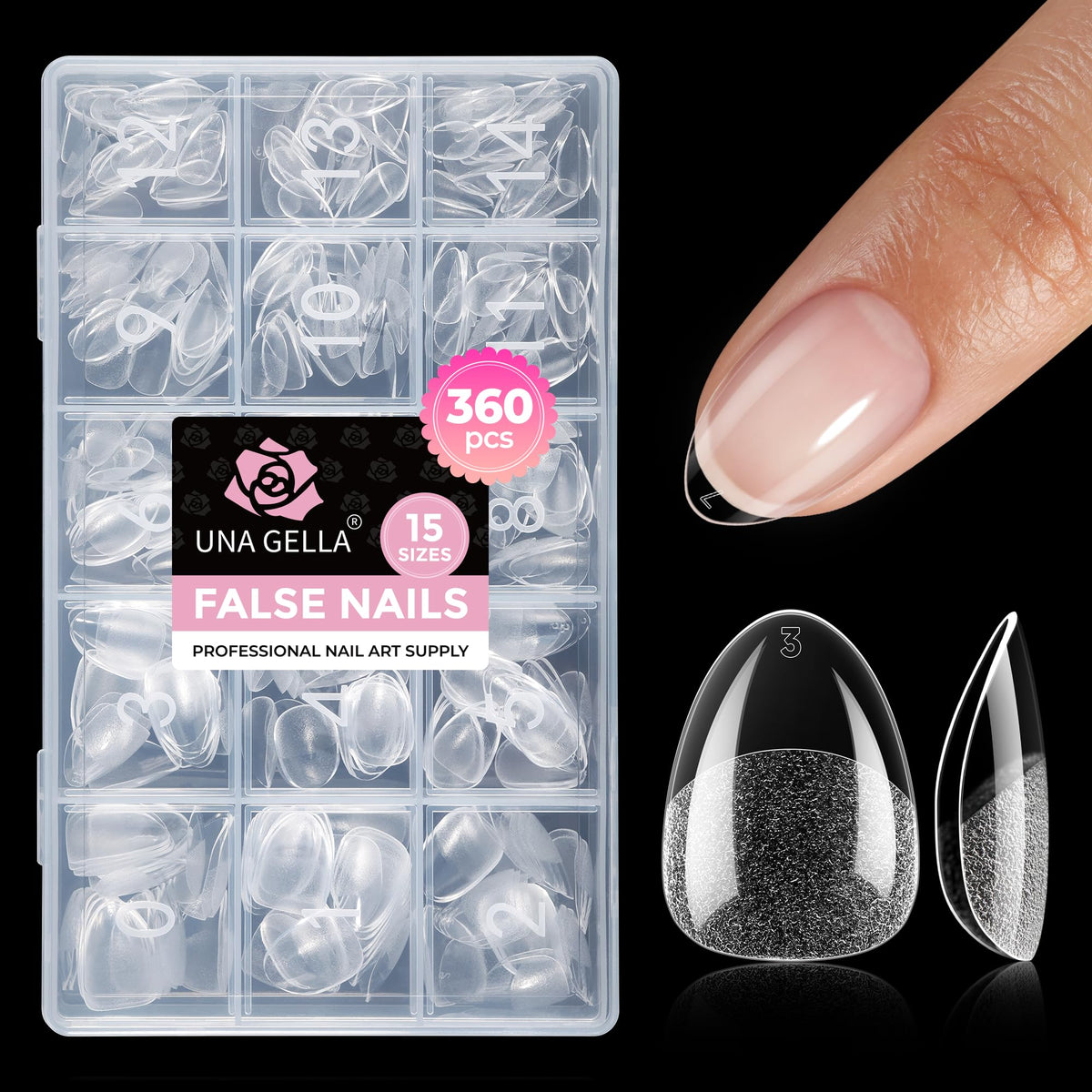 UNA GELLA Extra Short Almond Gel Nail Tips 360pcs packaging front view