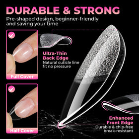 UNA GELLA Extra Short Almond Gel Nail Tips displayed with nail glue and polish