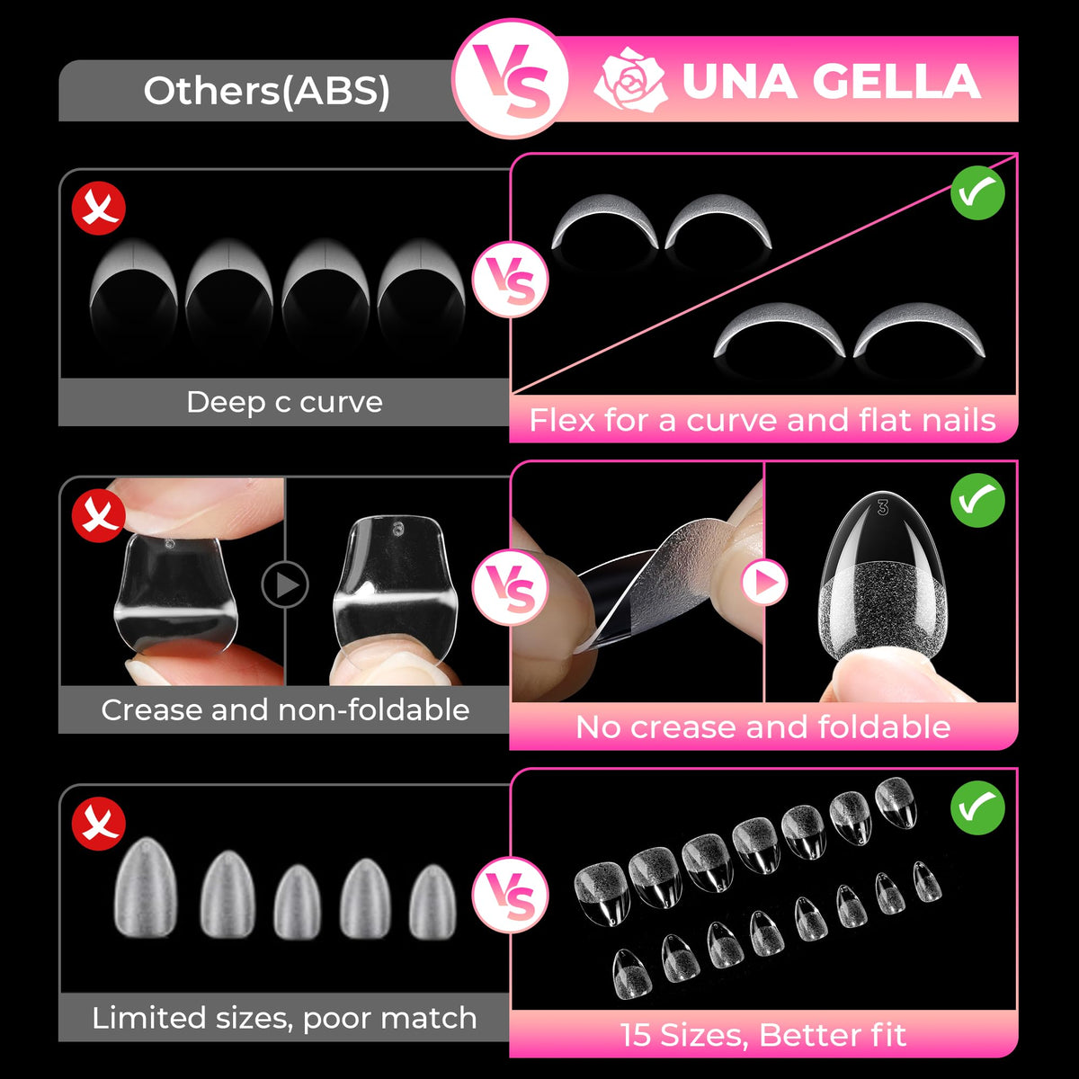 UNA GELLA Extra Short Almond Gel Nail Tips in a hand showing application