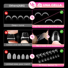 UNA GELLA Extra Short Almond Gel Nail Tips in a hand showing application
