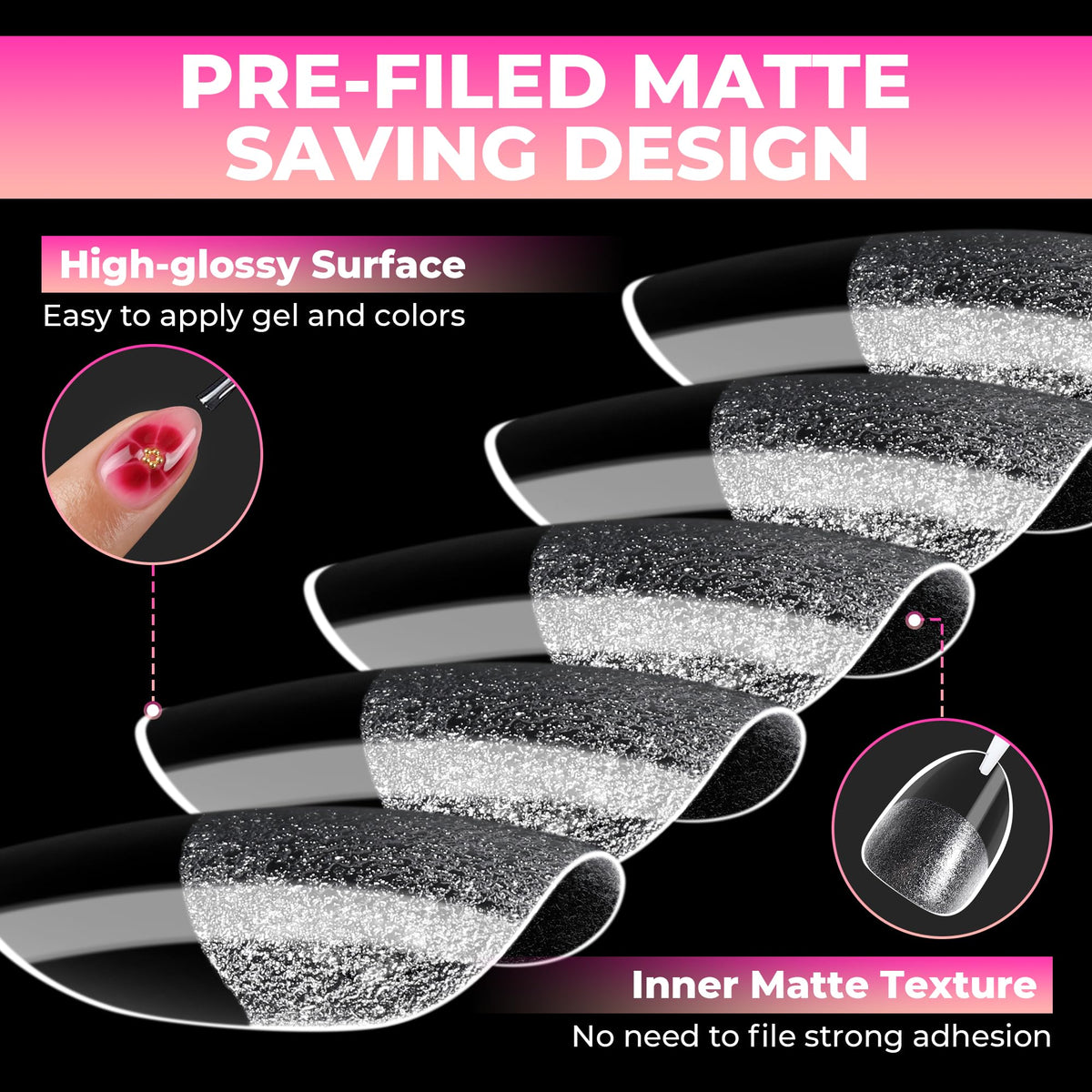 UNA GELLA Extra Short Almond Gel Nail Tips in various sizes laid out