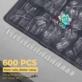 UNA GELLA Extra Short Square Nail Tips displayed on a table