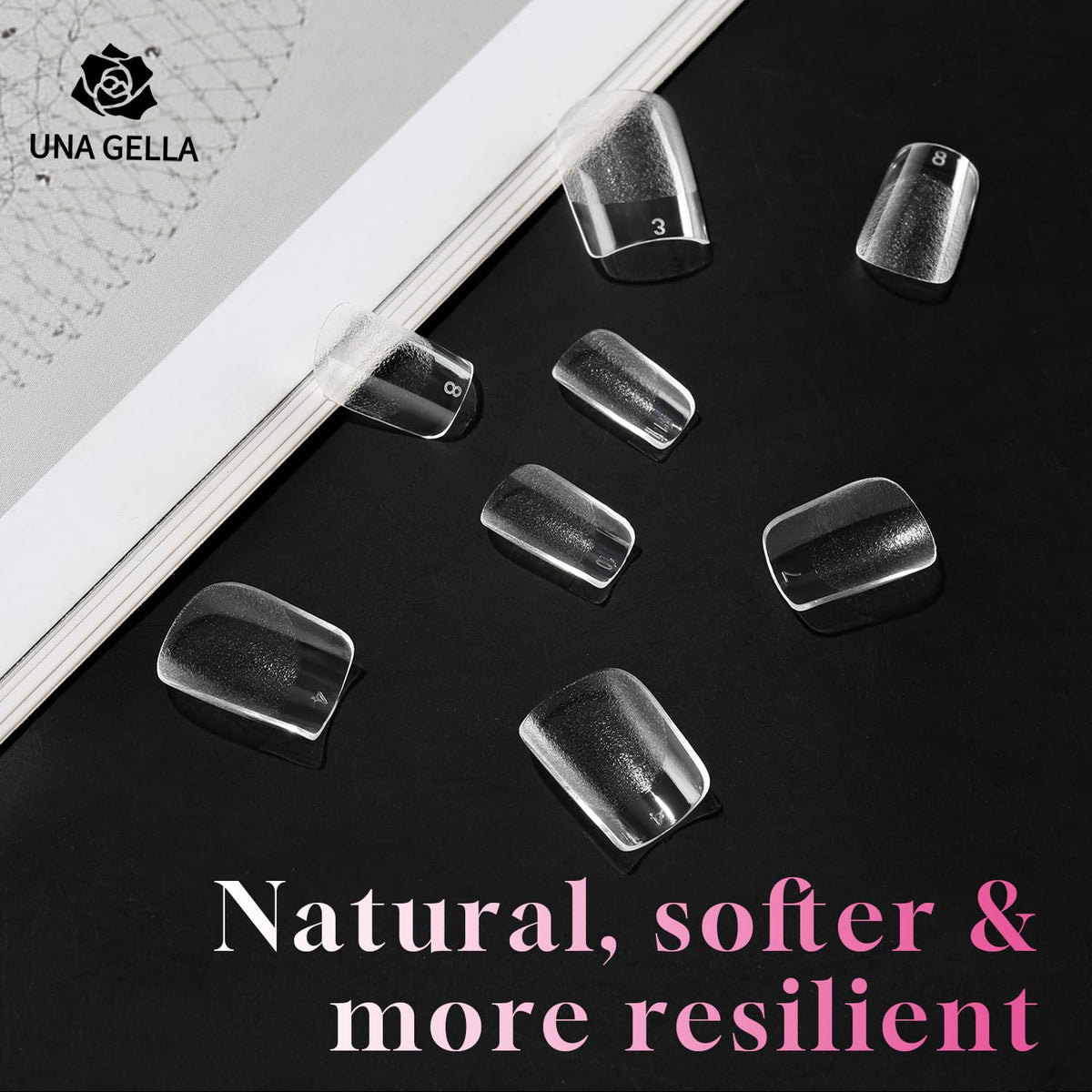 UNA GELLA Extra Short Square Nail Tips next to nail polish