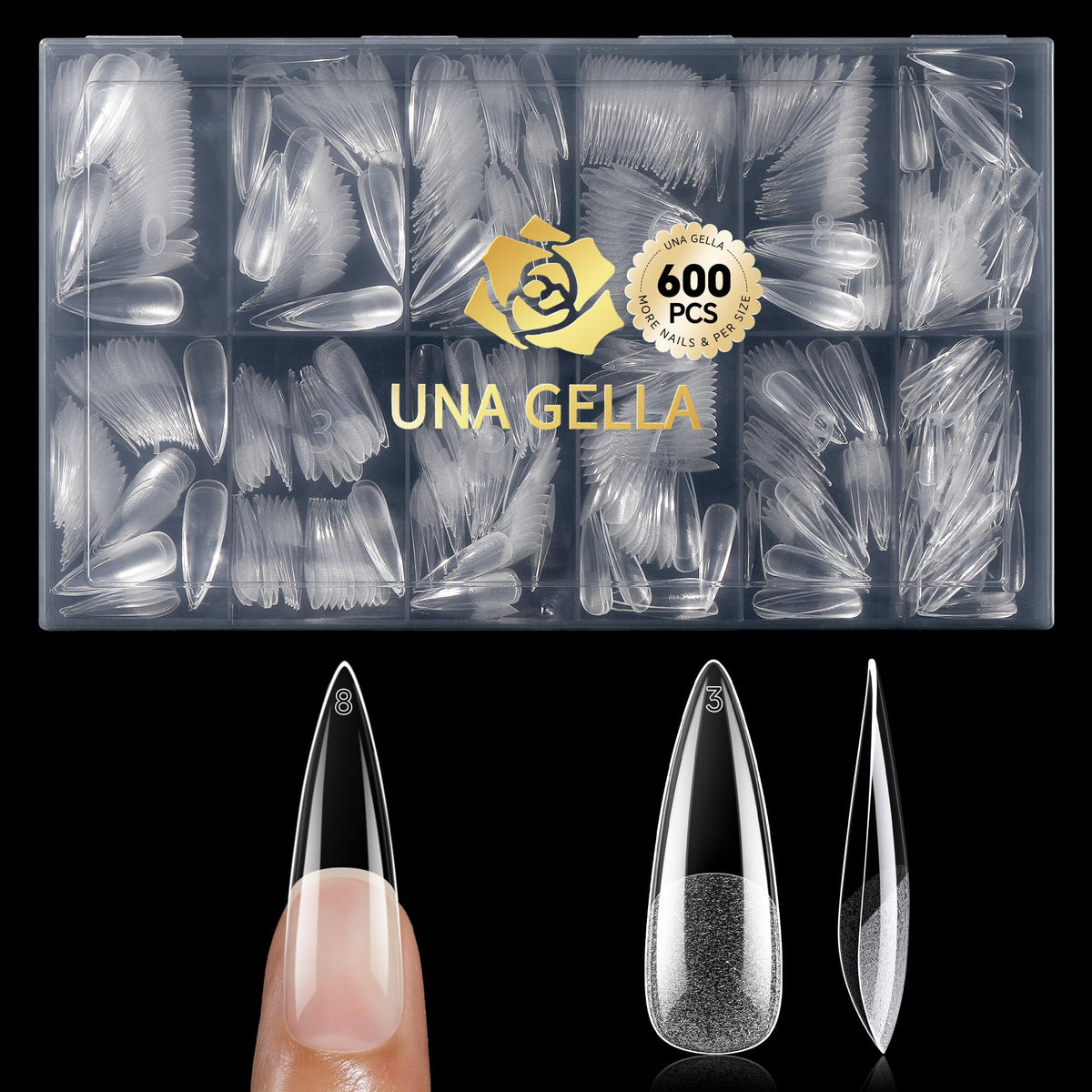 UNA GELLA Long Stiletto Gel Nail Tips 600Pcs clear soft tips front view