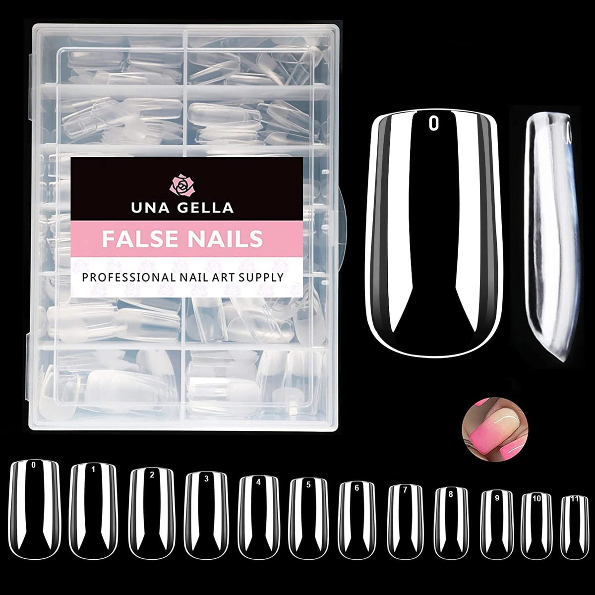 UNA GELLA Medium Square Gel Nail Tips 216pcs clear nails front view