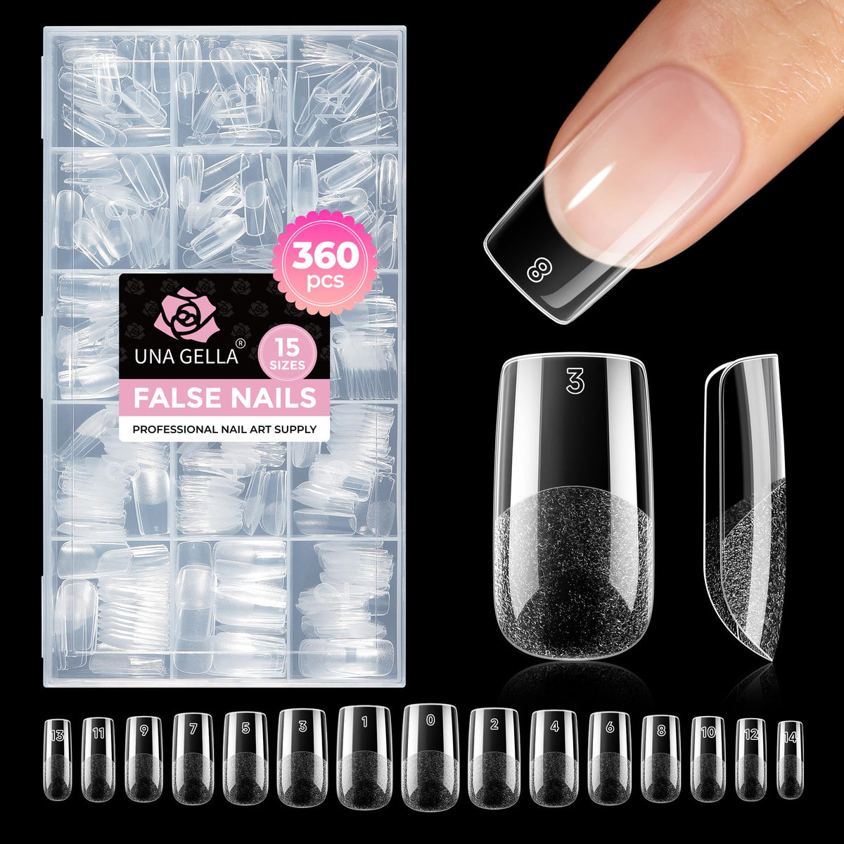 UNA GELLA Medium Square Gel Nail Tips 360Pcs packaging front view