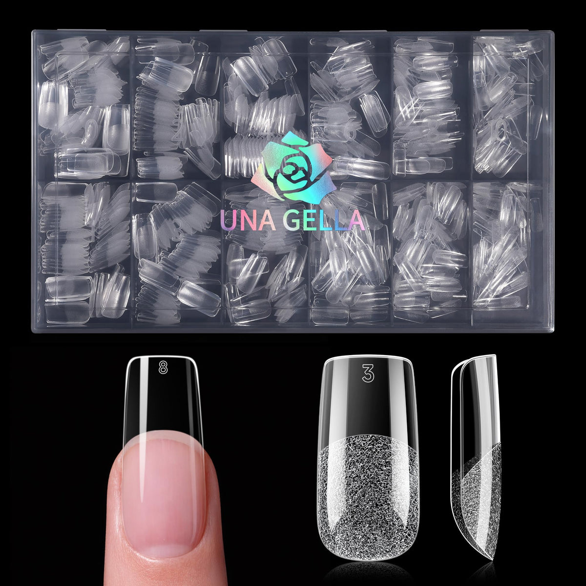 UNA GELLA Medium Square Nail Tips with various nail designs