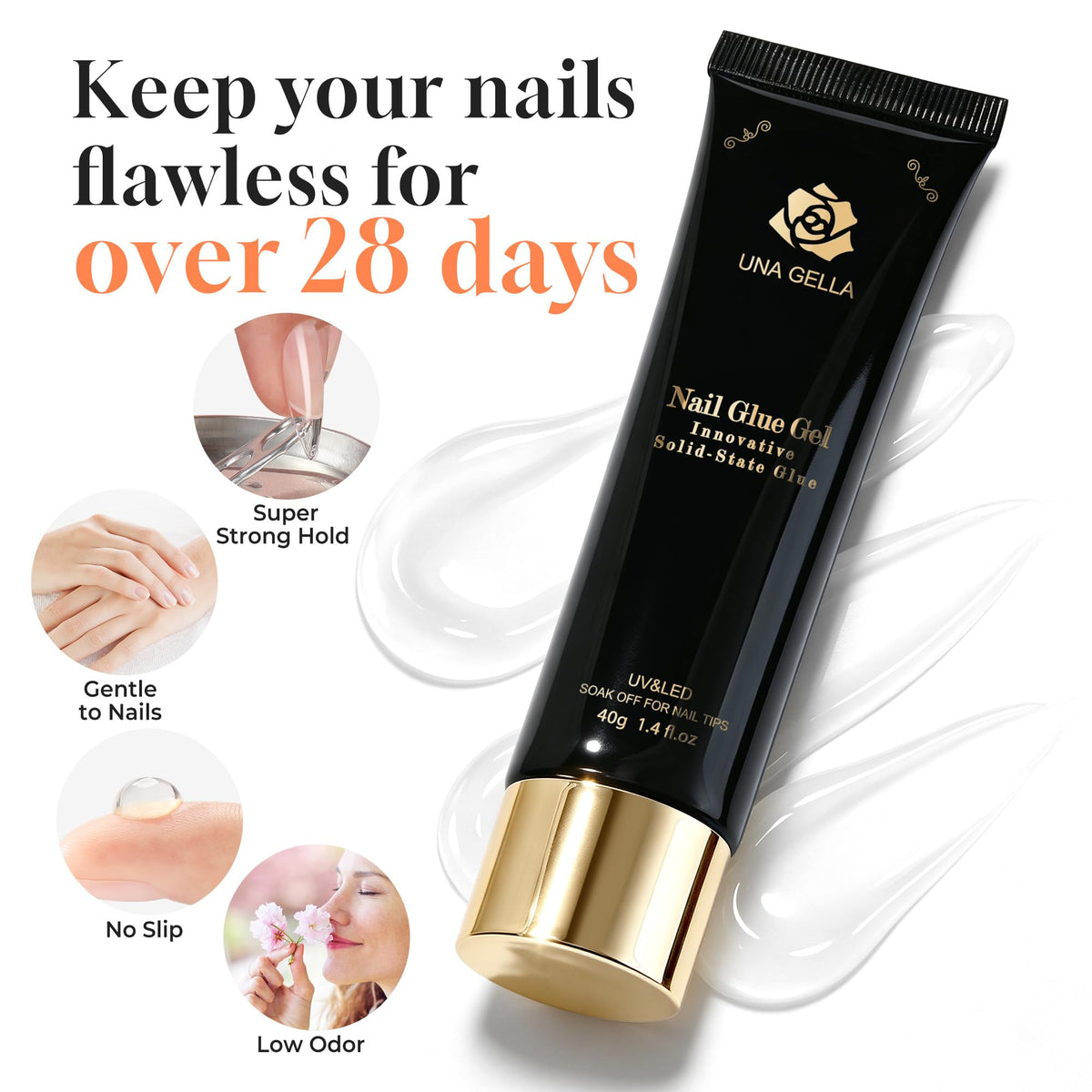 UNA GELLA Nail Glue 80g application on acrylic nail tips