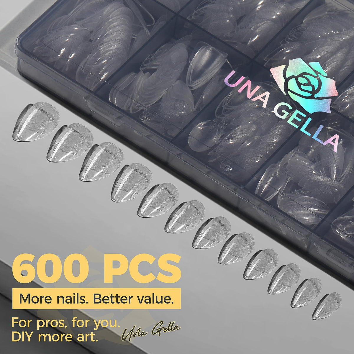 UNA GELLA Short Almond Gel Nail Tips applied on nails
