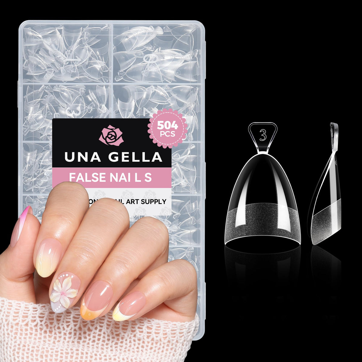 UNA GELLA Short Almond Gel Nail Tips front view with packaging