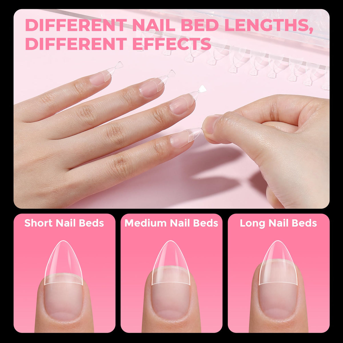 UNA GELLA Short Almond Gel Nail Tips in various sizes laid out