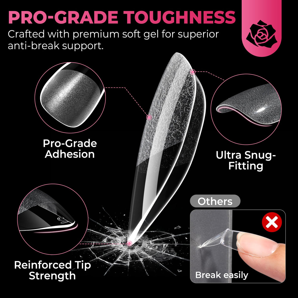 UNA GELLA Short Almond Nail Tips 450PCS displayed in various sizes