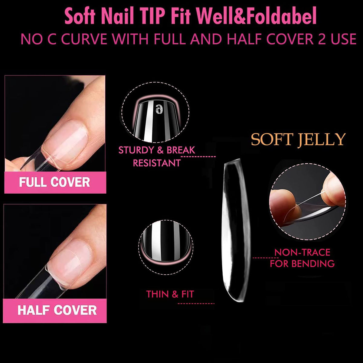 UNA GELLA Short Coffin Gel Nail Tips clear material close-up