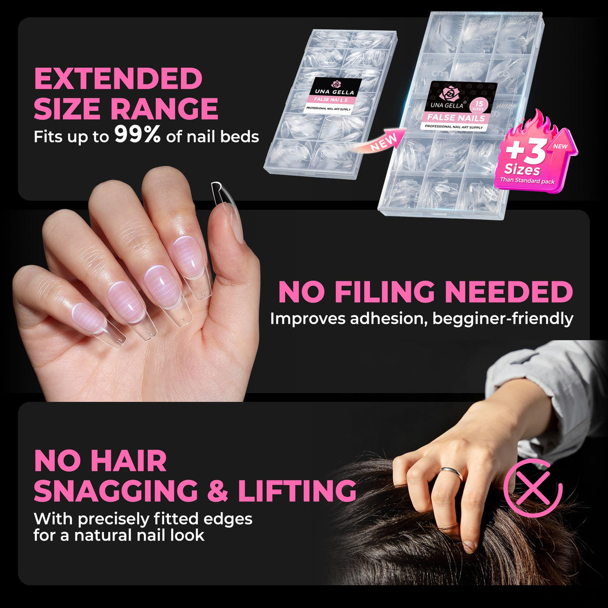 UNA GELLA Soft Gel Medium Coffin Nails Tips on a nail art display