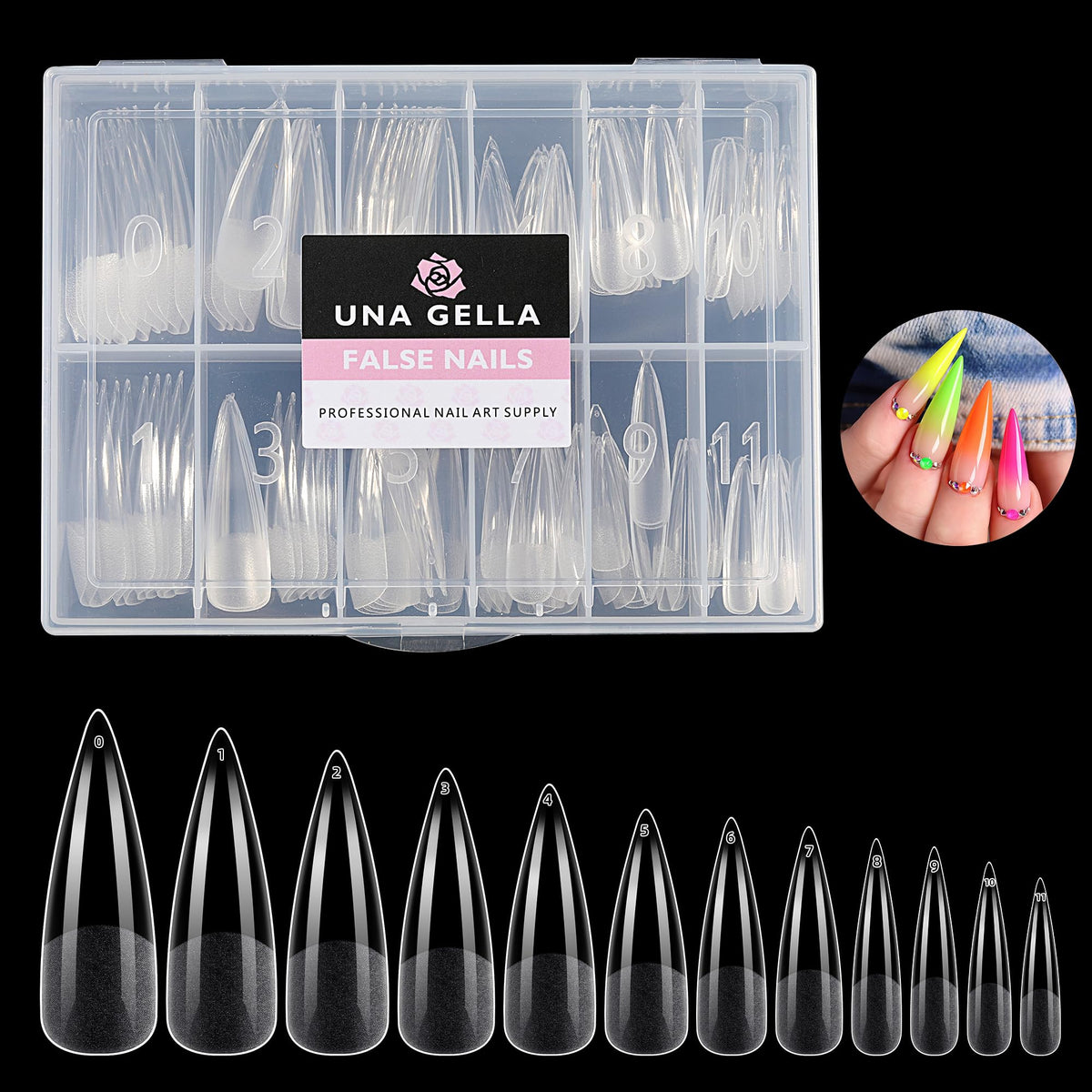 UNA GELLA Stiletto XXL Nail Tips front view with packaging