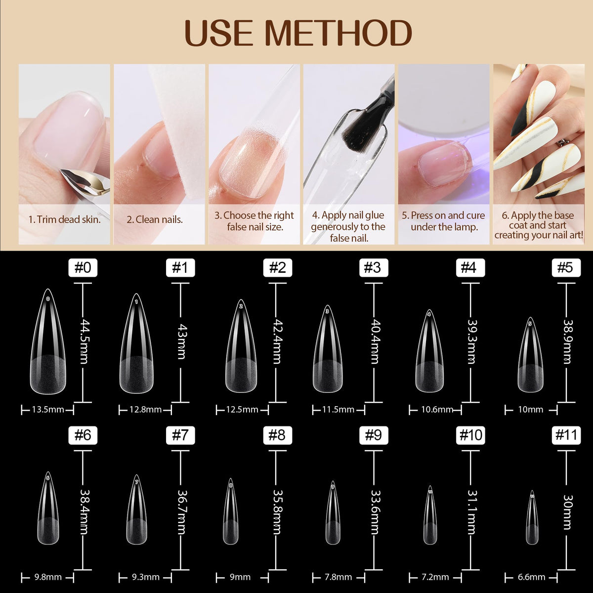 UNA GELLA Stiletto XXL Nail Tips in a hand with nail polish
