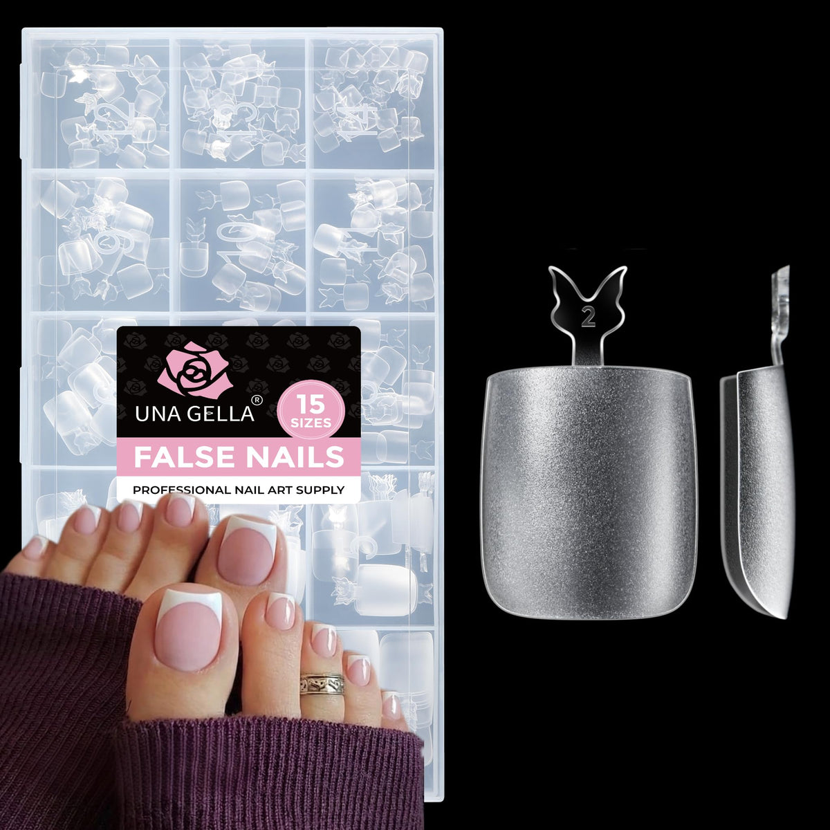 UNA GELLA Toe Nail Tips 15 Sizes 216Pcs packaging
