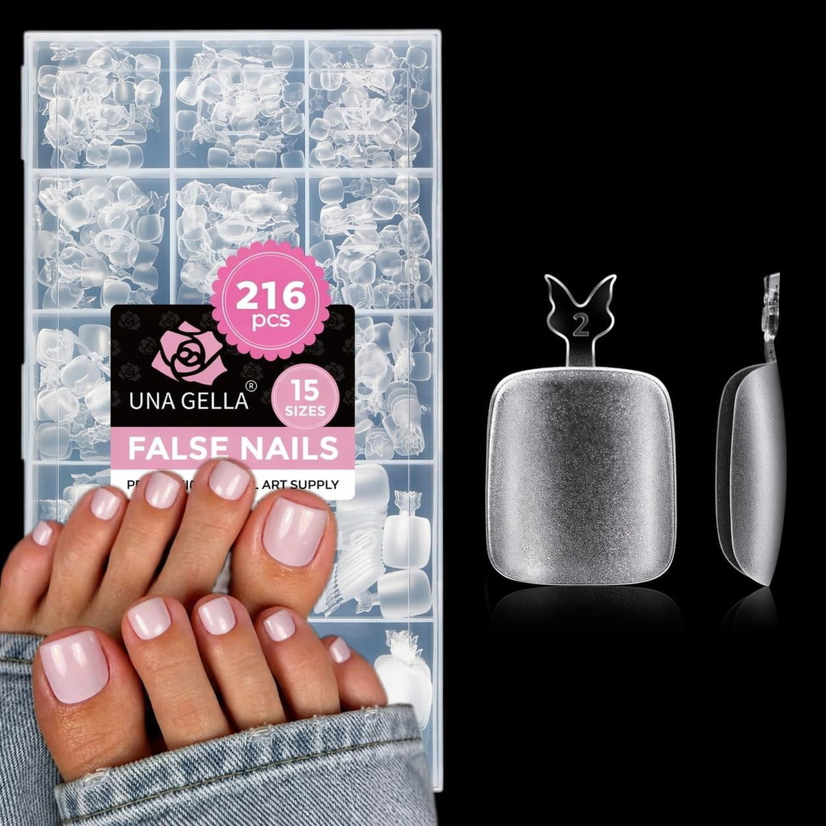 UNA GELLA Toe Nail Tips 216Pcs front view with assorted sizes
