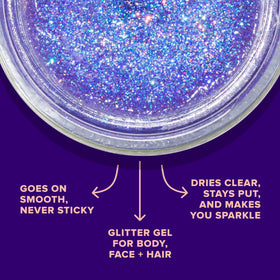 UNICORN SNOT Glitter Gel applied on cheekbone