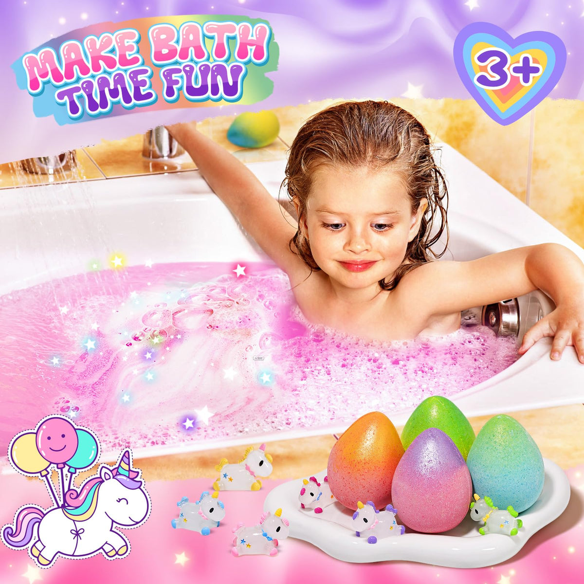 Unicorn-themed bath bomb fizzing in water