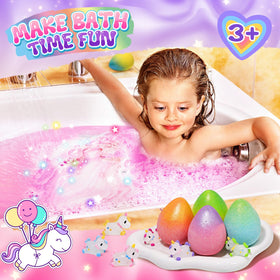 Unicorn-themed bath bomb fizzing in water