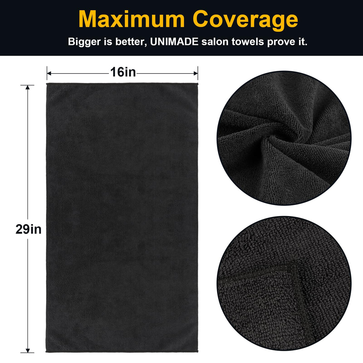 UNIMADE Salon Towels 48 Pack stacked showing size